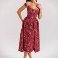 Off Shoulder Dress - Backless Floral Print Midi Dress with Waist Detail