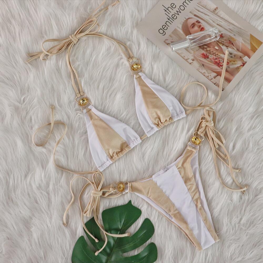 Sexy Crystal Diamond Bikini Solid Color Patchwork Bandage Swimsuit Vacation Split Women Swimsuit