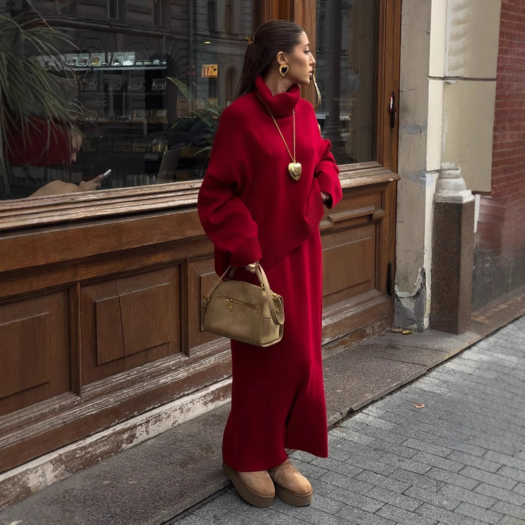 Turtleneck Sweater Skirt Set Women Autumn Winter Loose Knitted Two Piece Sweater Set Women