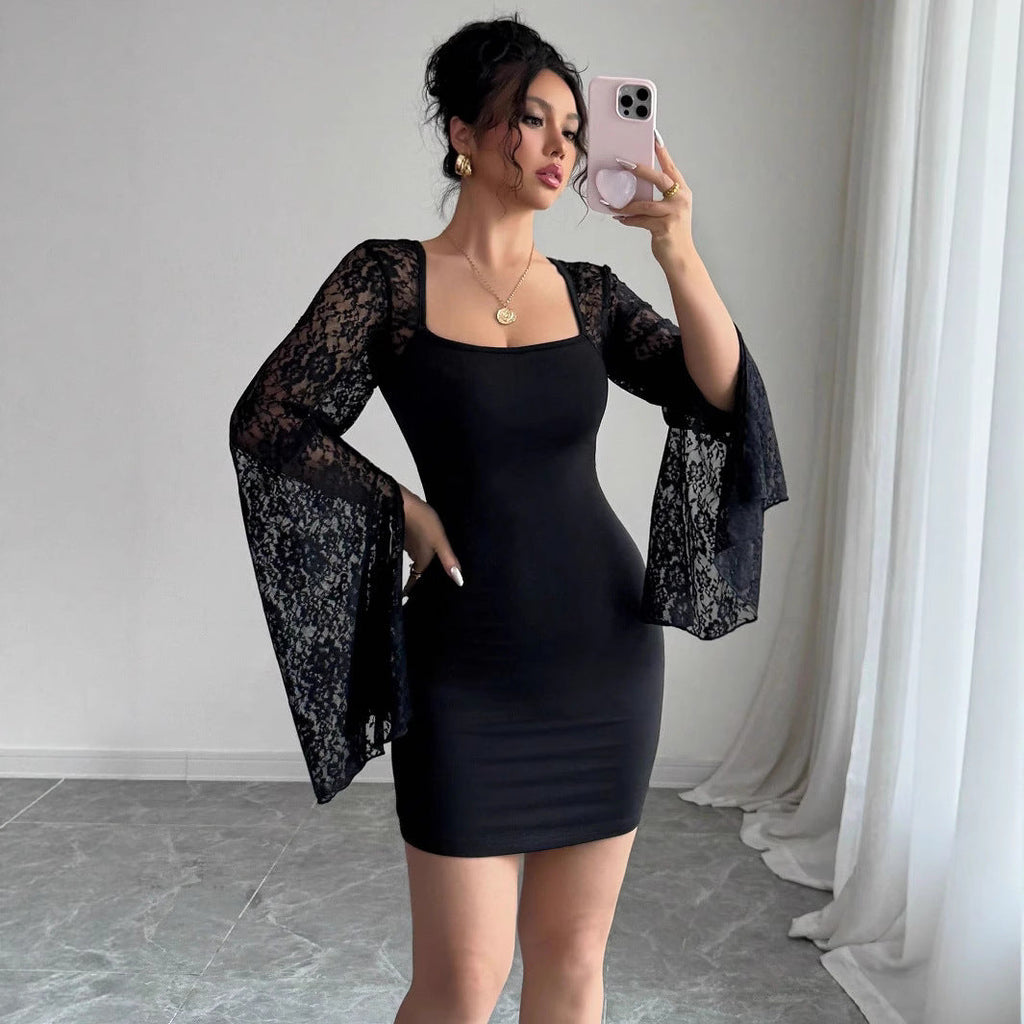 Autumn Bell Sleeve Split Solid Color Lace Stitching Square Collar Hip Bag Dress