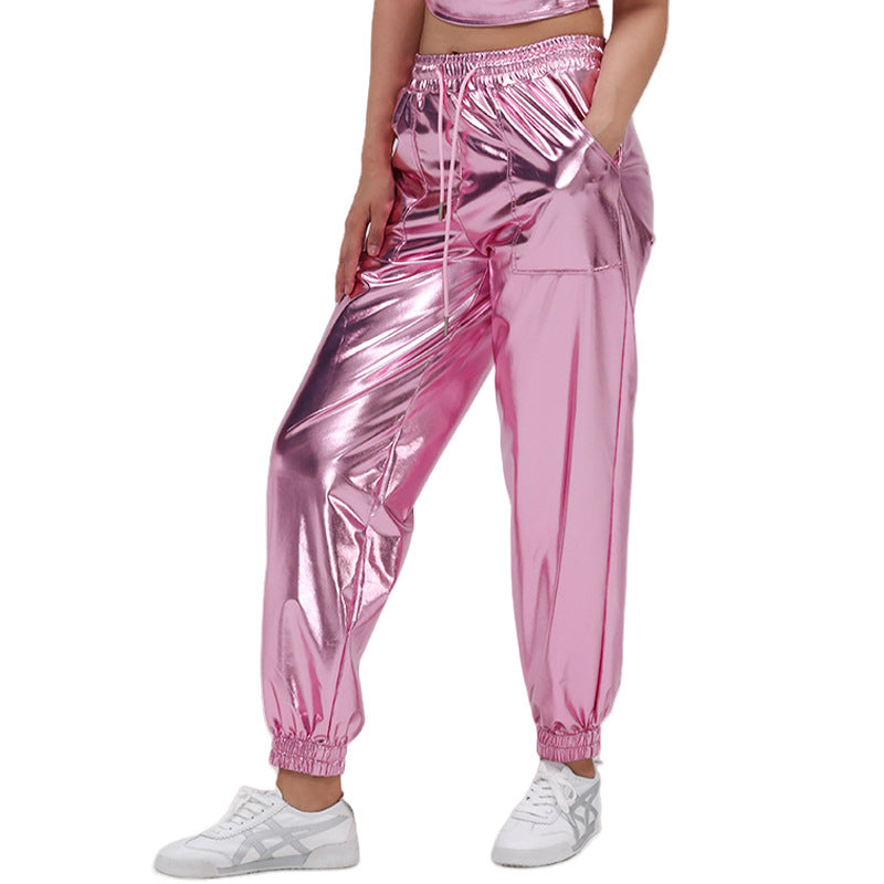 Women Pants Street Trend Bronzing Ankle Banded Pants Sports Bright Leather Loose Performance Clothes