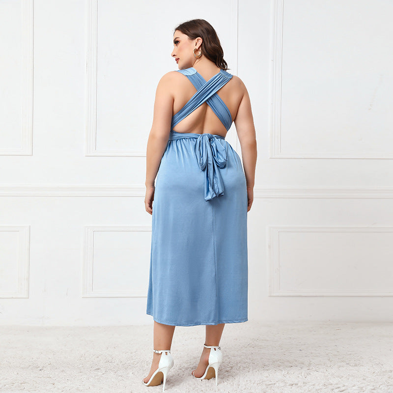 Plus Size Irregular Asymmetric Formal Dress Women Cross Backless Sexy Lace up Dress