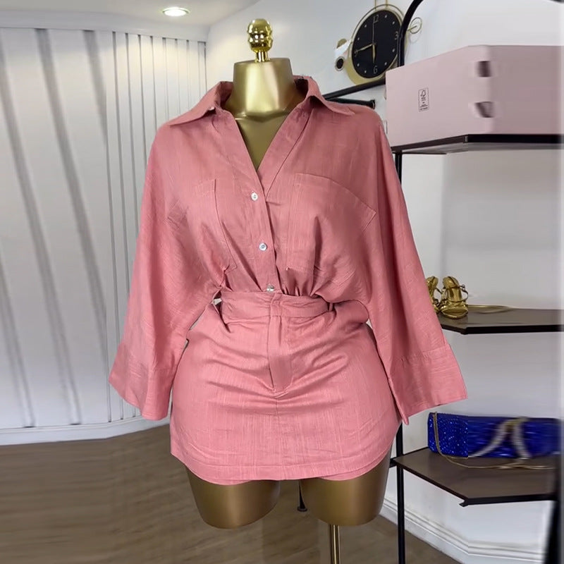 Women Clothing Summer Sweet Comely Turn down Collar Batwing Sleeve Shirt High Waist Culottes Two Piece Set