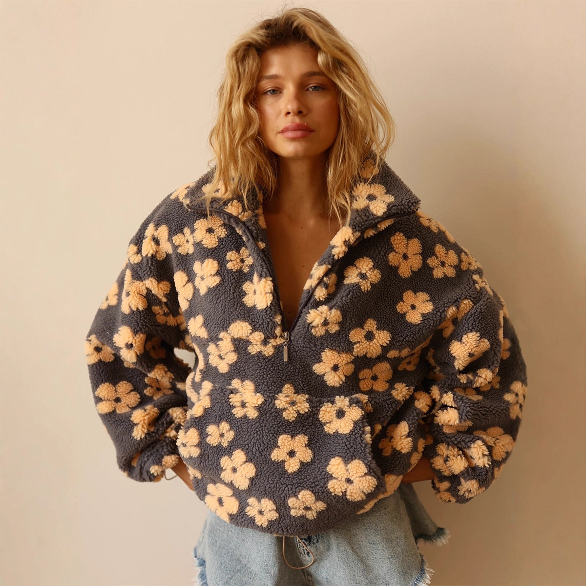 Women Polar Fleece Floral Autumn Winter Sweater Warm Furry Fleece Pullover