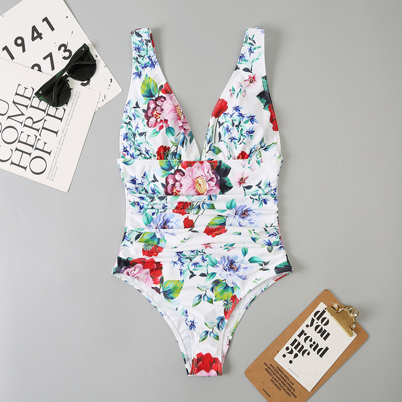 One Piece Women Triangle High Waist Multi Color Printed Swimsuit Domestic Conservative Swimsuit Swimwear