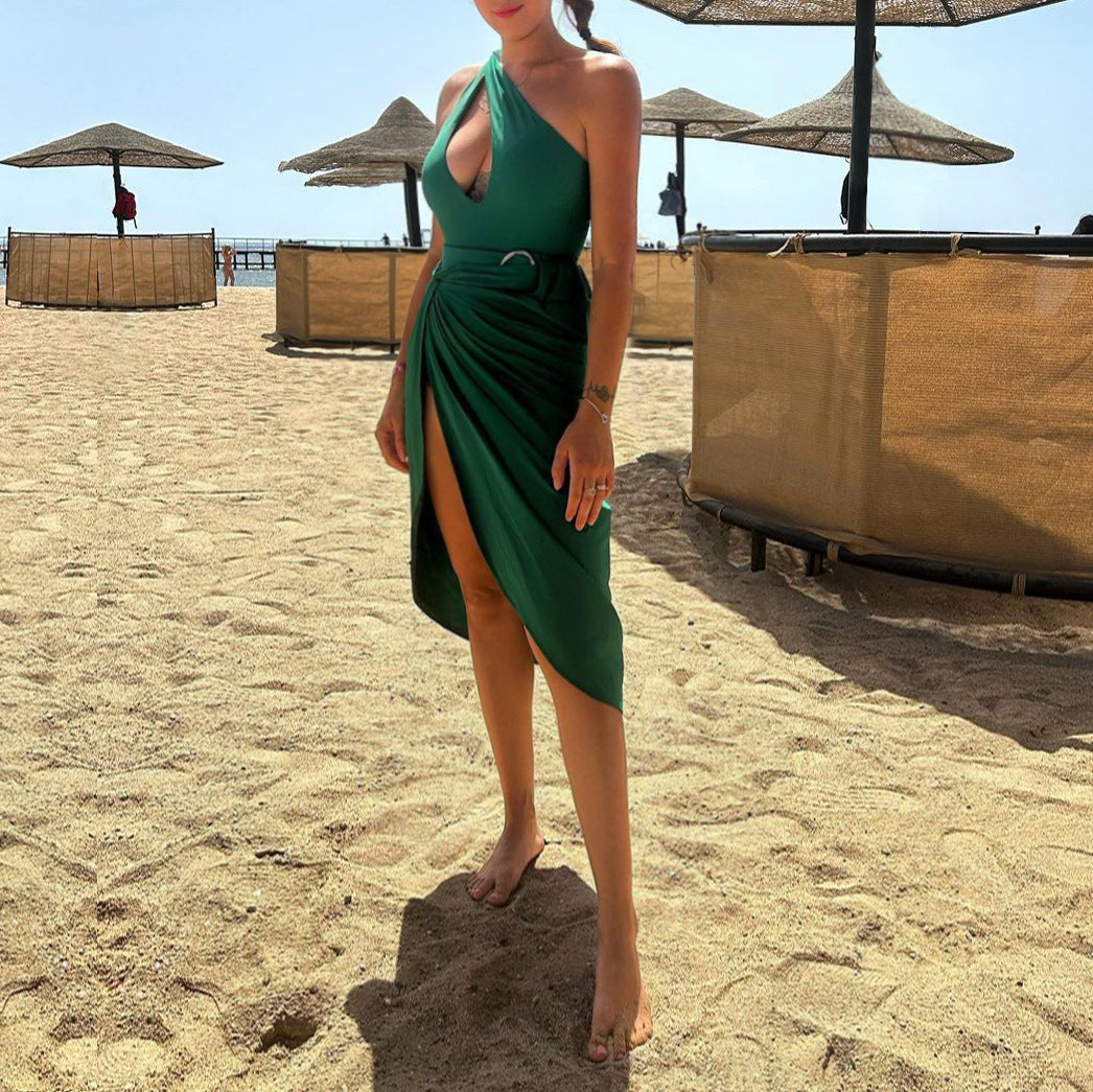 Solid Color Retro Hollow Out Cutout Siamese Women Swimsuit Set Cover Belly Slimming Swimsuit Lot