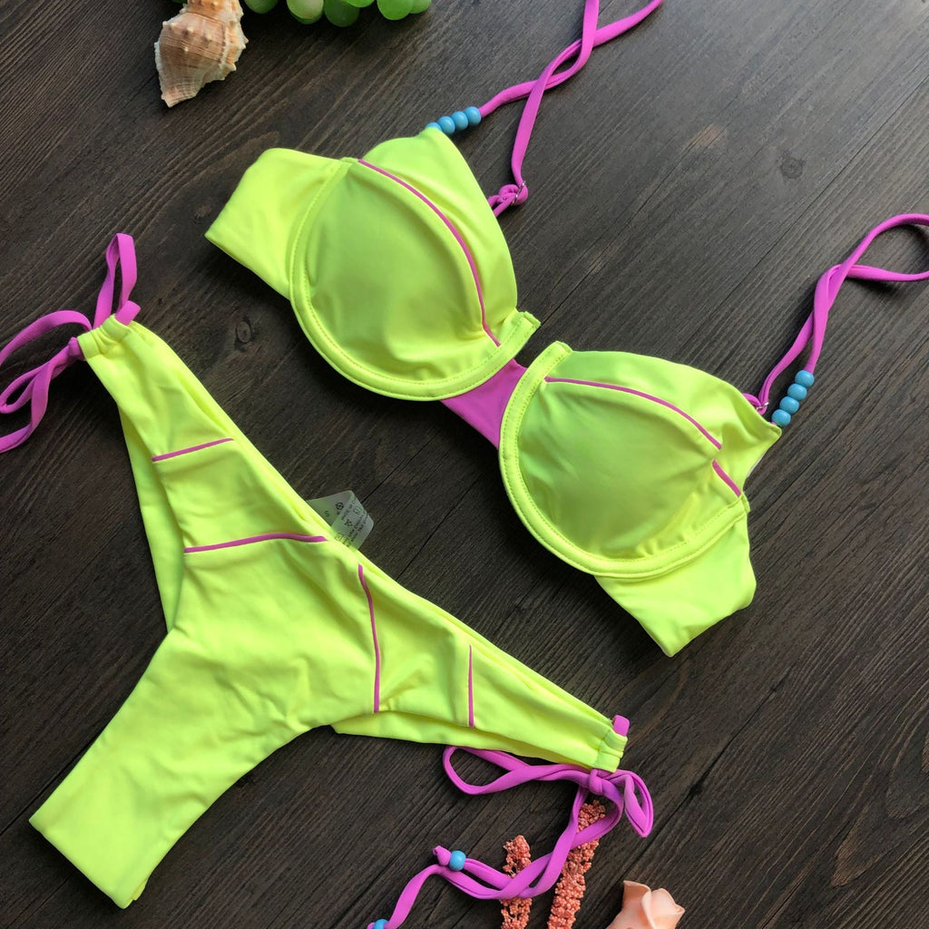 Sexy Sunken Stripe Split Bikini Women Swimsuit