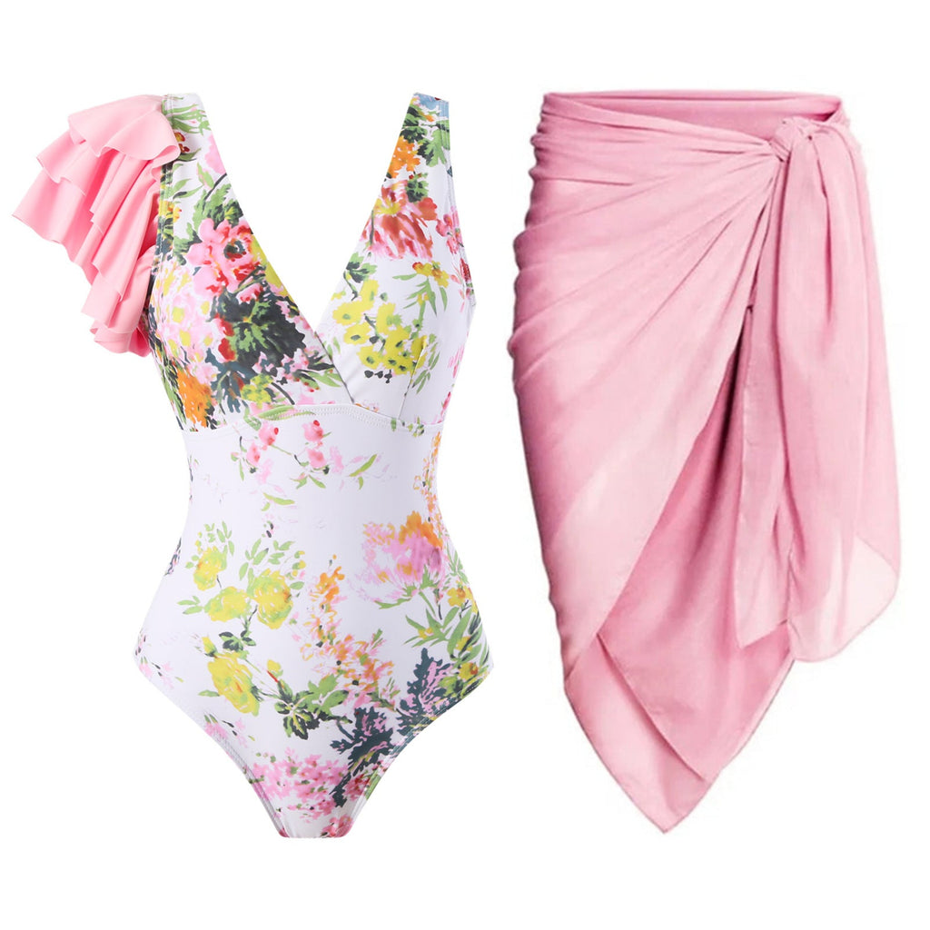 Ruffled One Piece Swimsuit Women Retro Swimsuit Bikini Mesh Beach Skirt Set