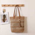 Tassel Shoulder Straw Bag Striped Hollow Out Cutout Straw Bag Woven Bag Vacation Beach Bag