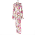 Slim Fit Slimming Women Printed Hip Home Comfortable Stand Collar Long Sleeve Length Dress