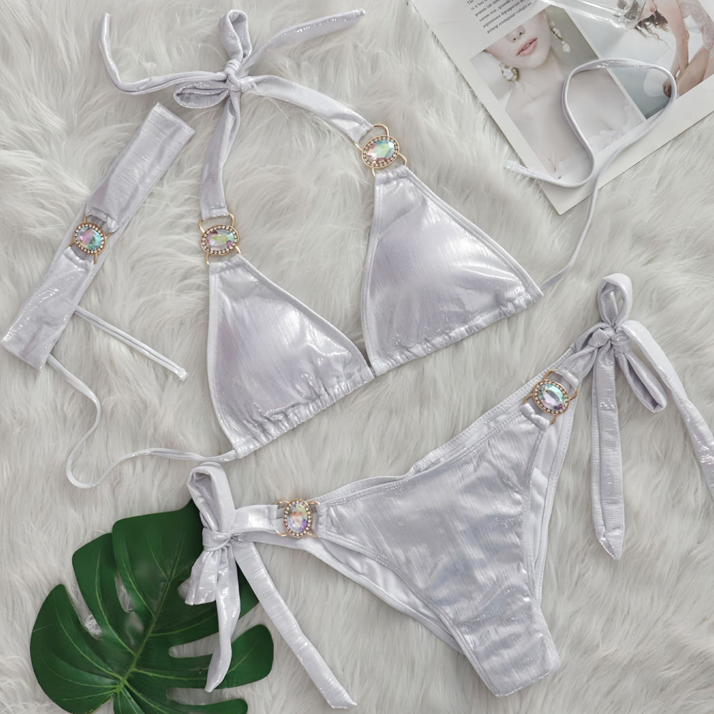Sexy Bikini Crystal Diamond Three Piece Split Swimsuit Beach Shiny Women Swimsuit