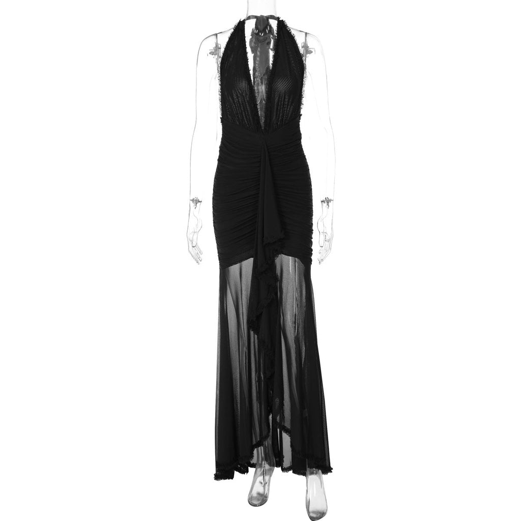 Summer Mesh Stitching Elegant Dress Maxi Dress V neck Halter Backless Sexy Dress Women