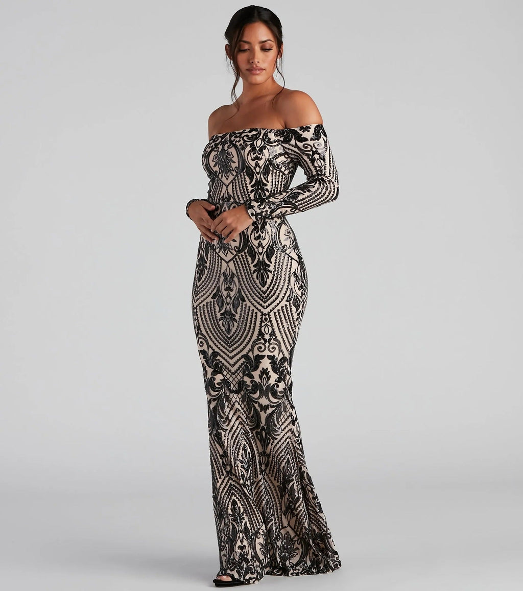Women Elegant Sequ Sexy off Neck Dress Cocktail Evening Maxi Dress