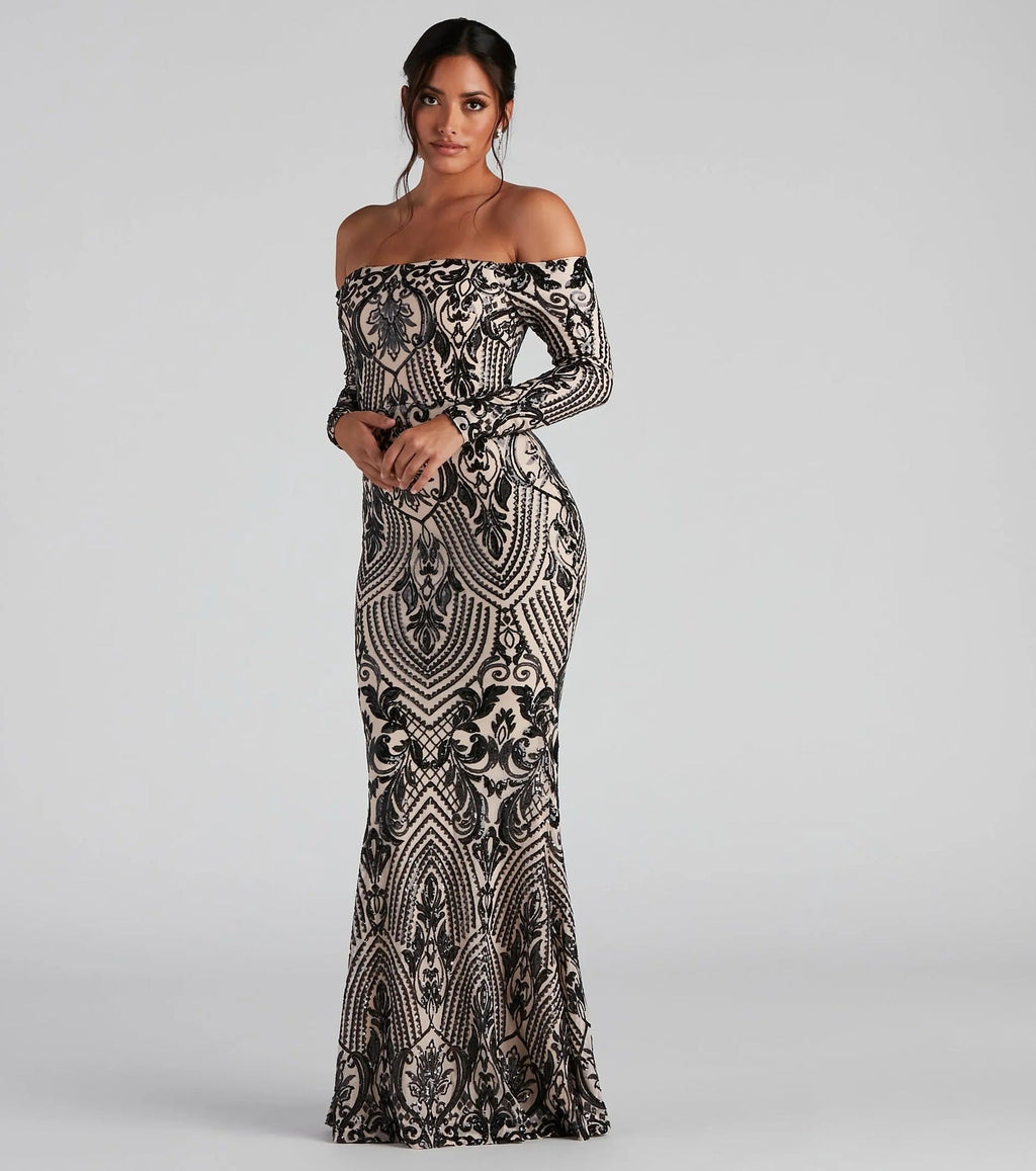 Women Elegant Sequ Sexy off Neck Dress Cocktail Evening Maxi Dress