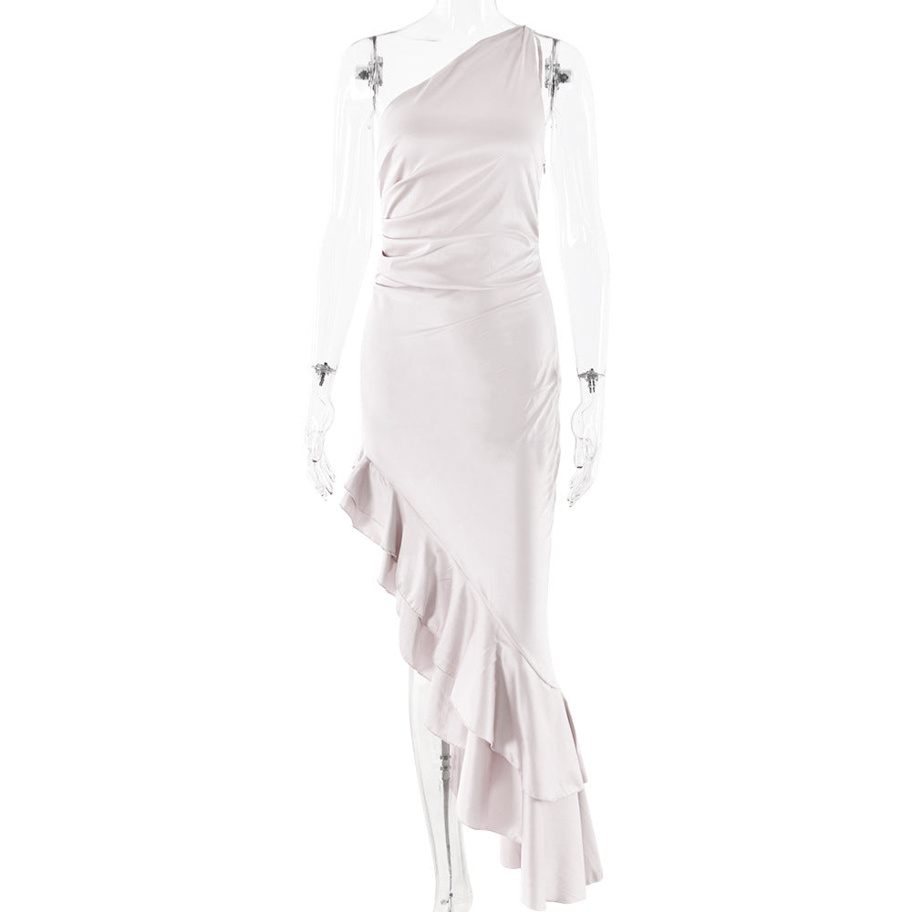 Autumn Sexy Oblique Shoulder Sleeveless Hip Backless High Slit Sexy Slim Fit Dress