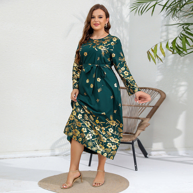 Plus SizeAutumn Winter Loose Dress Bronzing Printed Long Sleeve Plump Girls Dress