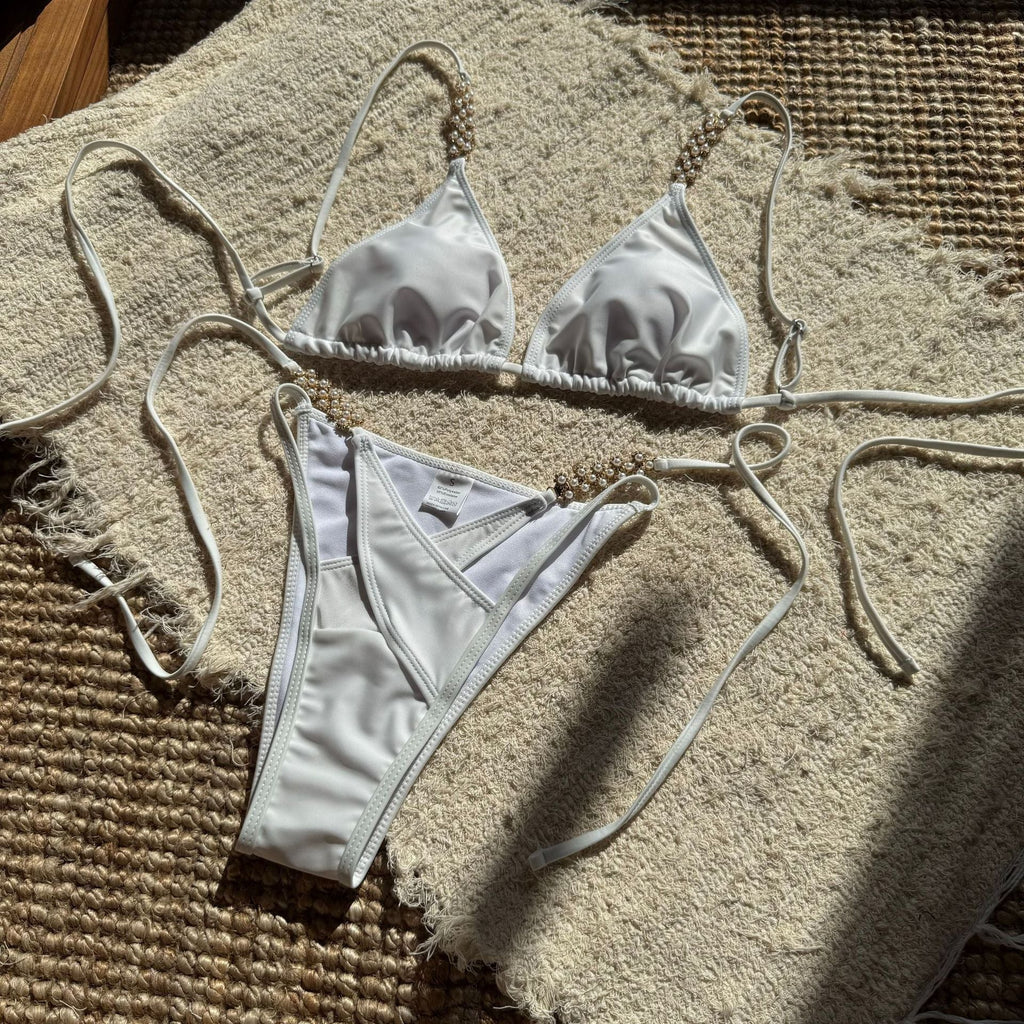 Solid Color Creative Stitching Pearl Floral Accessories Sexy Split Swimsuit Bikini
