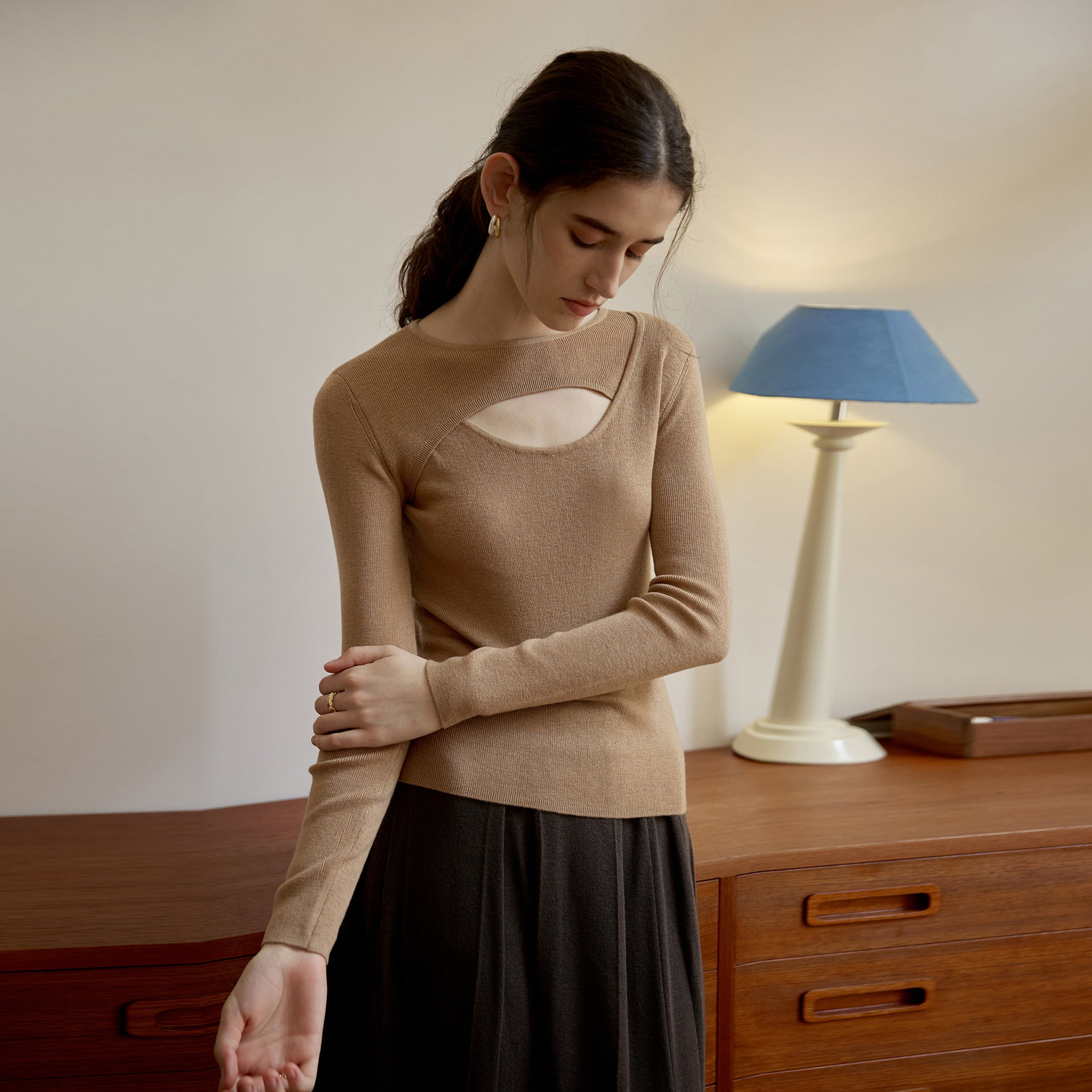 Wool Top Autumn Winter Design Slim Bottoming Shirt Gentle Long Sleeve Sweater Hollow Out Cutout Sweater