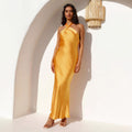 Summer Dress Slimming Solid Color Halterneck with Suspenders Cocktail Satin Dress
