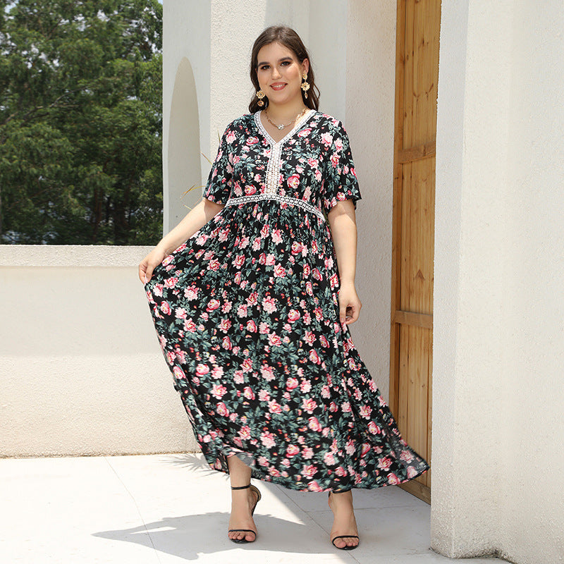 Plus Size V neck Printed Dress Lace Stitching Loose Floral Dress Beach Vacation Beach Dress