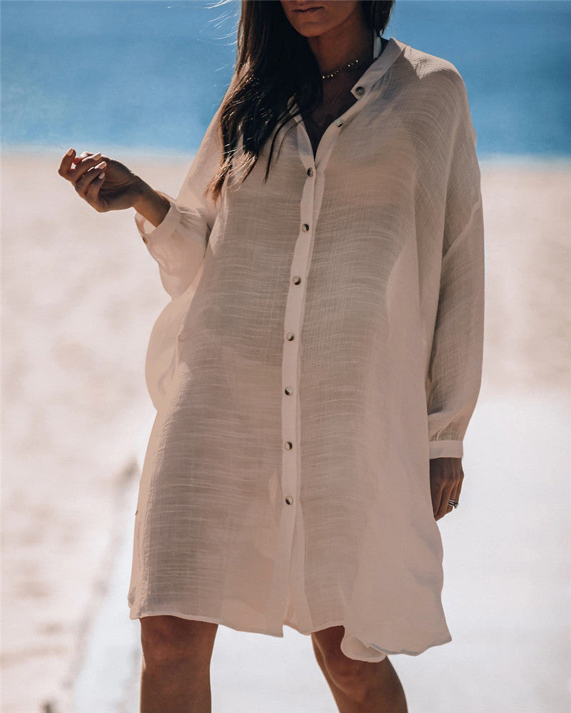 New Bamboo Shirt Single-Breasted Beach Sun Protection Shirt Seaside Casual Vacation Skirt