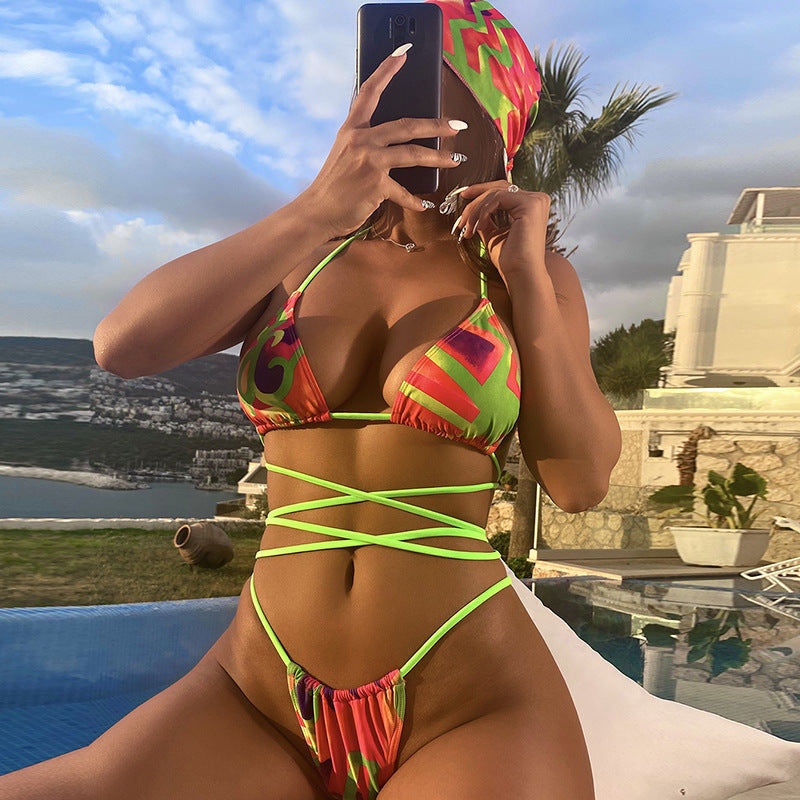 Women Swimsuit Split Swimsuit Lace up Sexy Print Random Headscarf Bikini