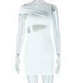 Women Clothing Solid Color Dress Sexy Diagonal Collar Cold Shoulder Sleeveless Hip Dress