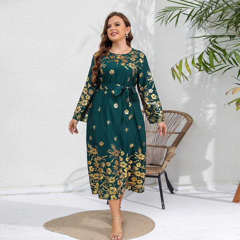 Plus SizeAutumn Winter Loose Dress Bronzing Printed Long Sleeve Plump Girls Dress