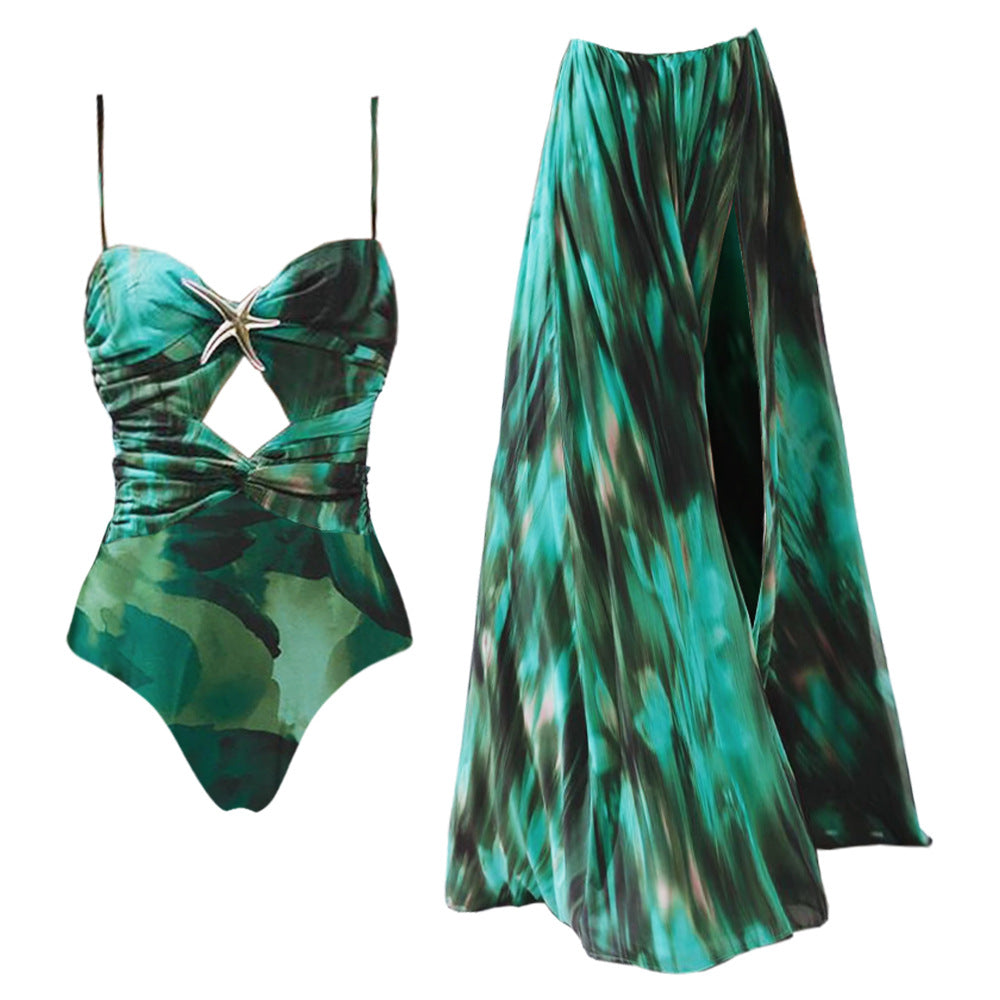 Blackish Green Printing Starfish Decoration One Piece Swimsuit Women