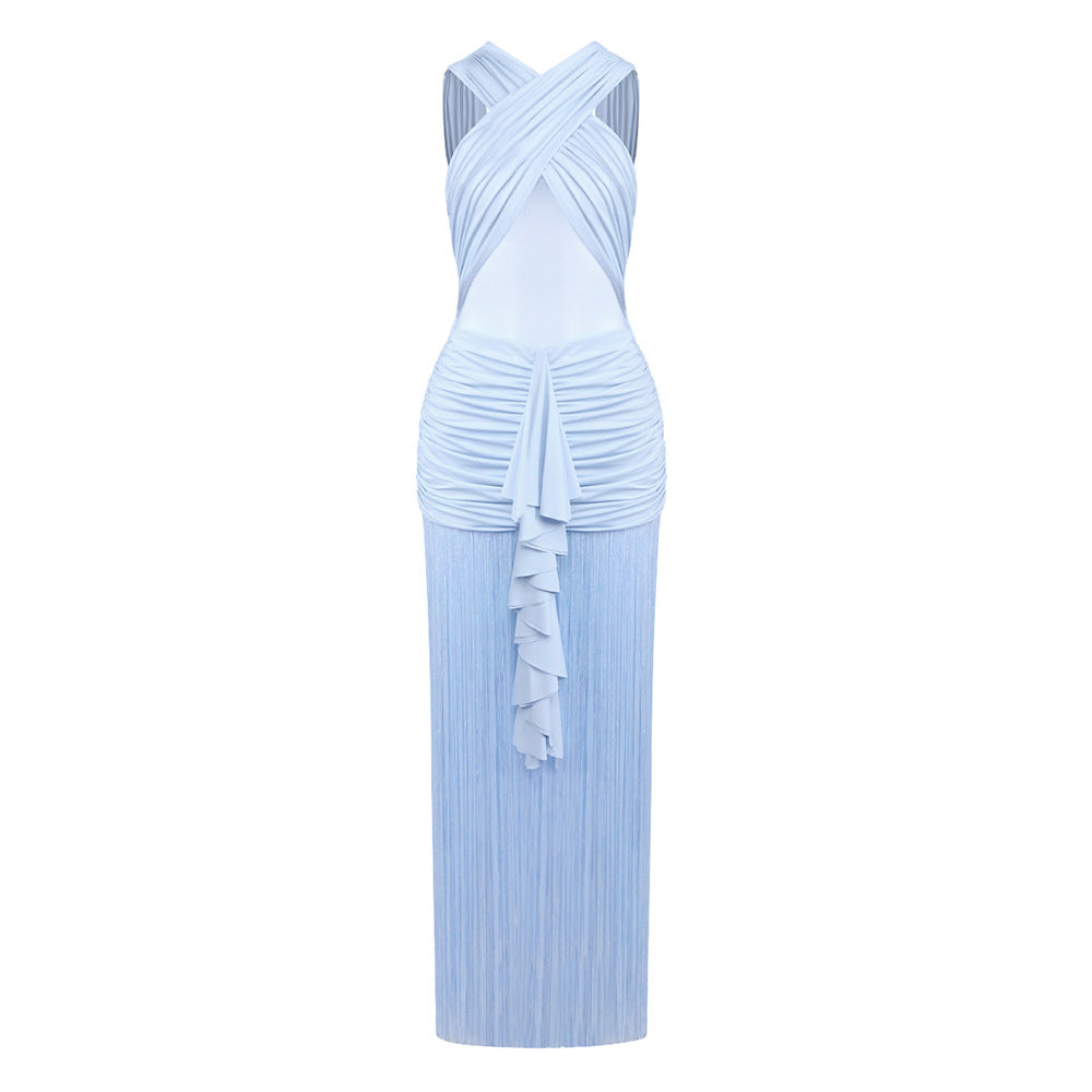 Women Clothing Sexy Solid Color Sling See through Mesh Pleats Cross Dress Vacation