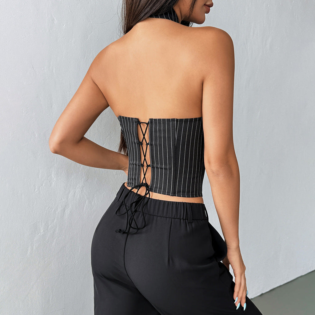 Chic Retro Sneaky Design Halter Tie Slimming Boning Corset Sleeveless Striped Vest Top for Women