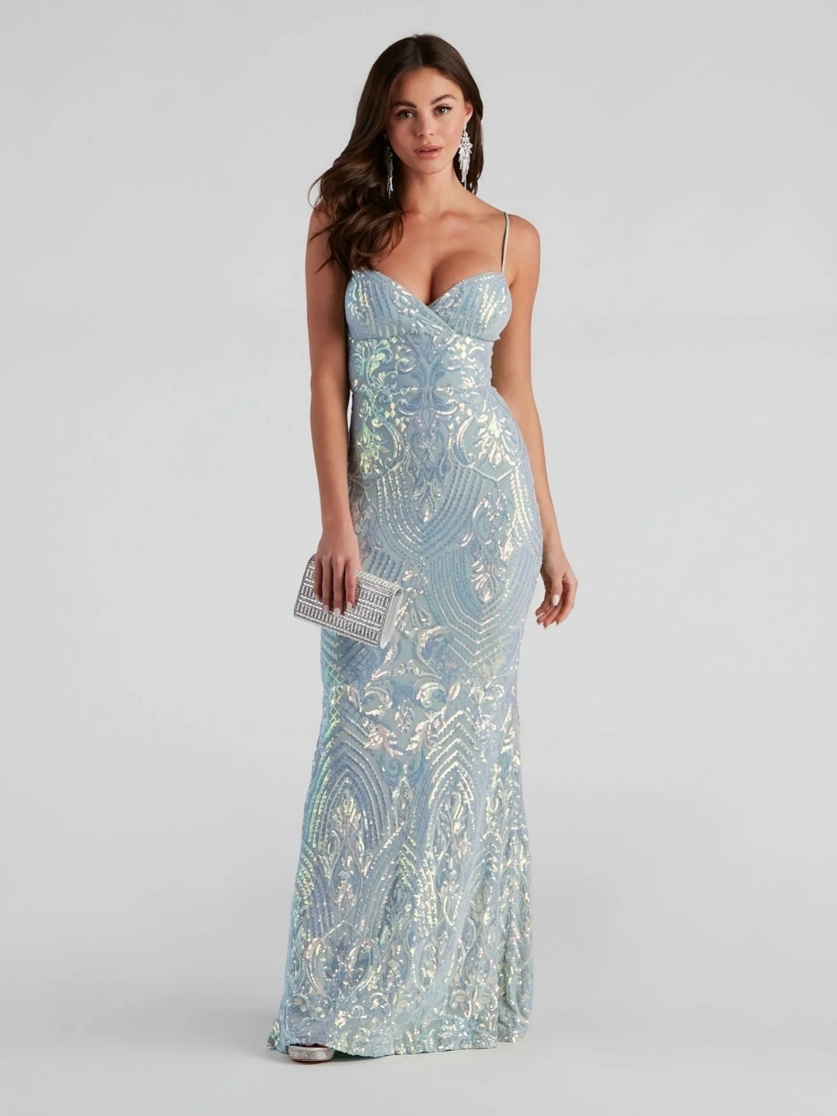 Sexy V neck Sequ Floor Length Evening Dress Elegant Graceful Cocktail Party Formal Dress Women Clothing