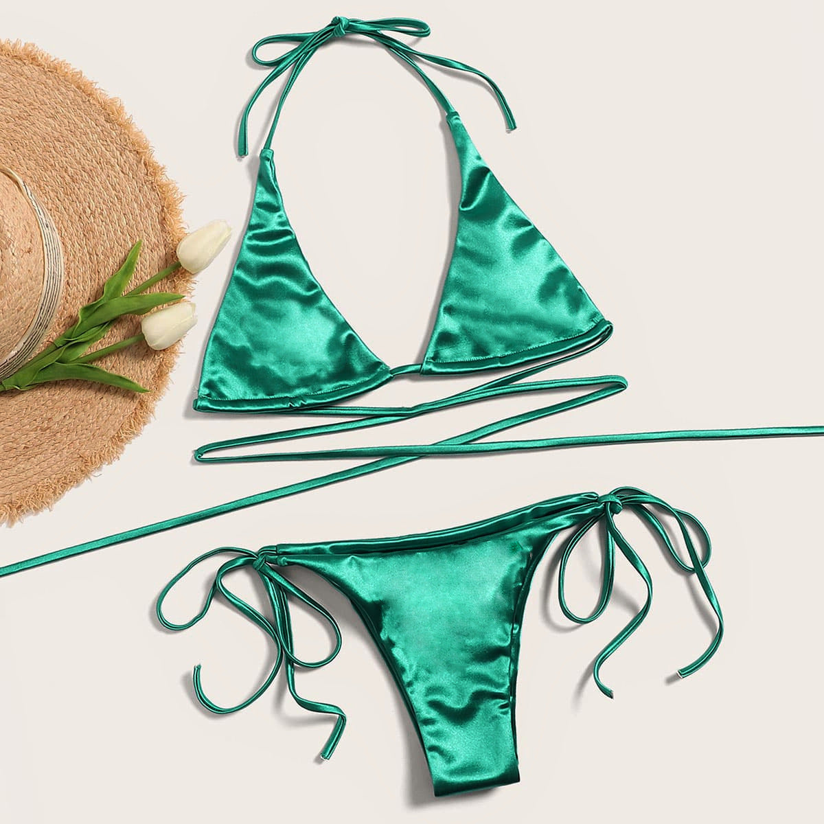 Bikini Double Bikini Sexy Swimsuit Sexy Swimsuit Women Tied Swimsuit Solid Color