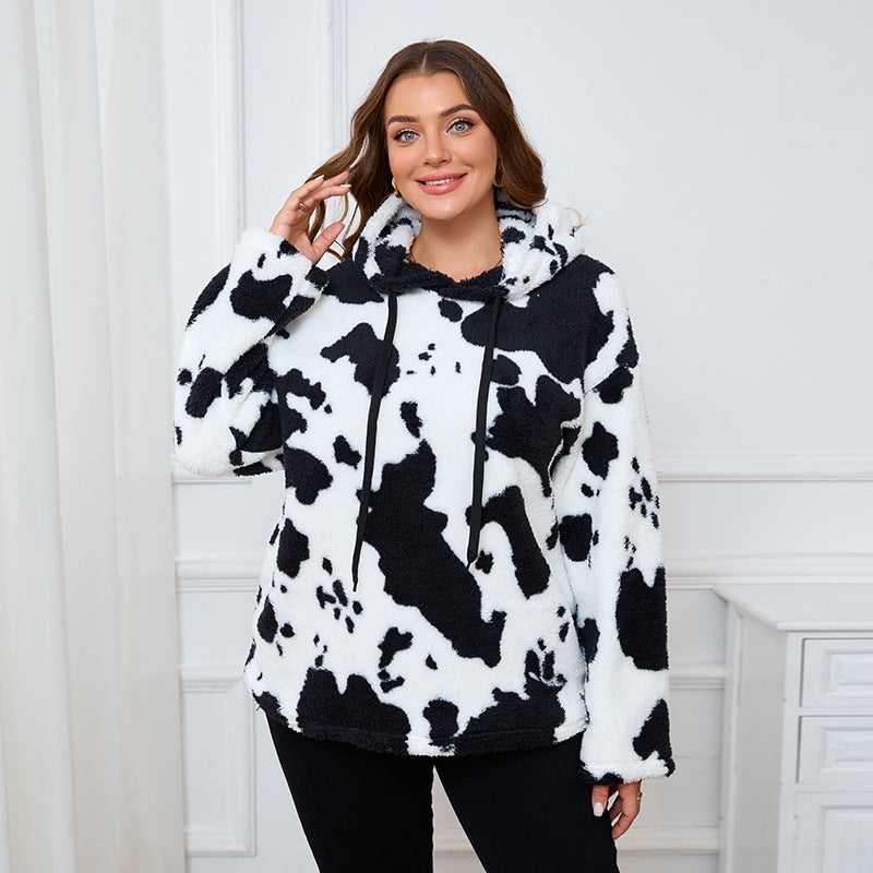 Loose Casual Cow Plush Long Sleeved Top Plump Girls Can Be Worn outside plus Size Hooded Sweater