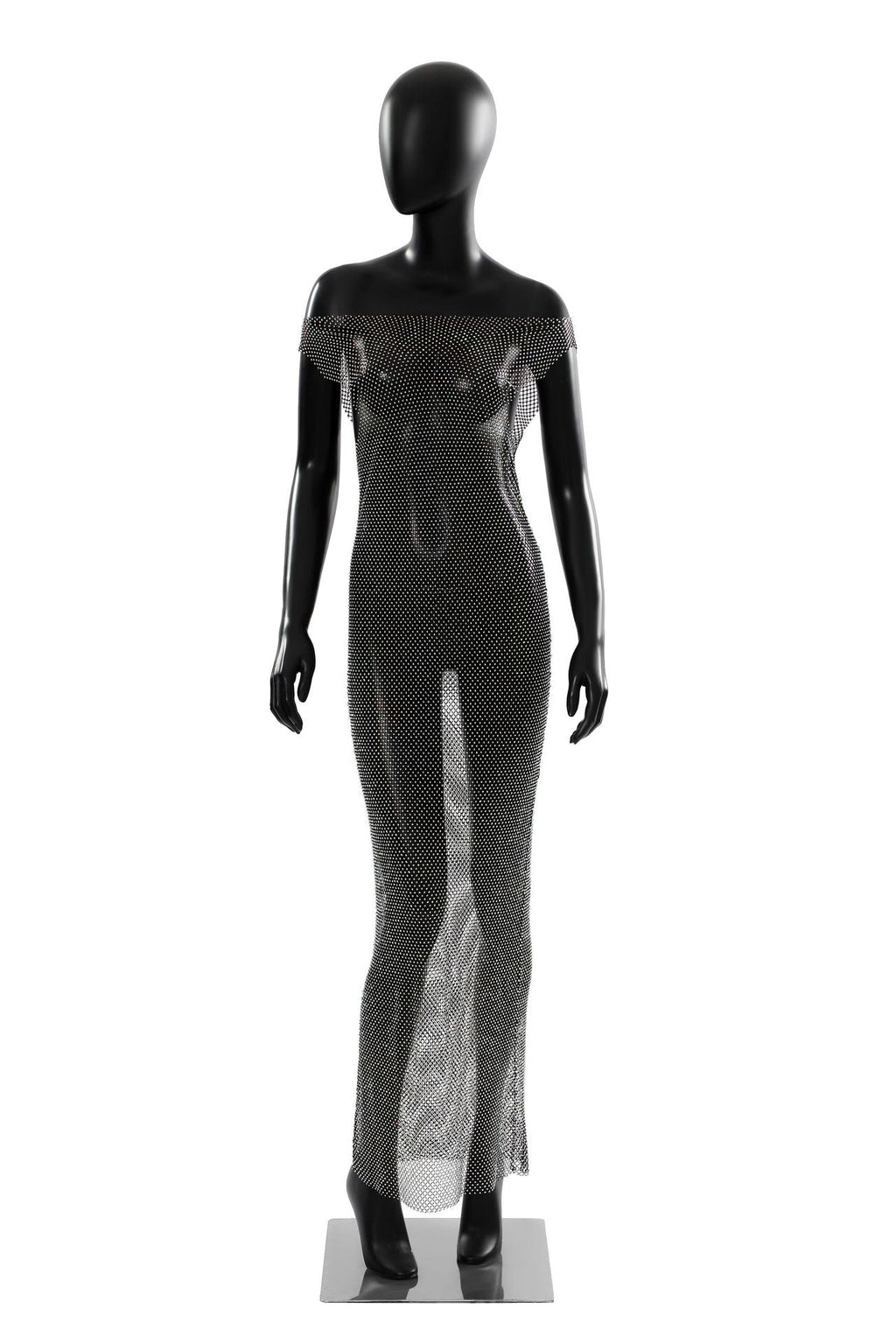 Sexy Mesh Maxi Dress Rhinestone See through Dress Fishnet Rhinestone off Neck Dress Elastic Dress