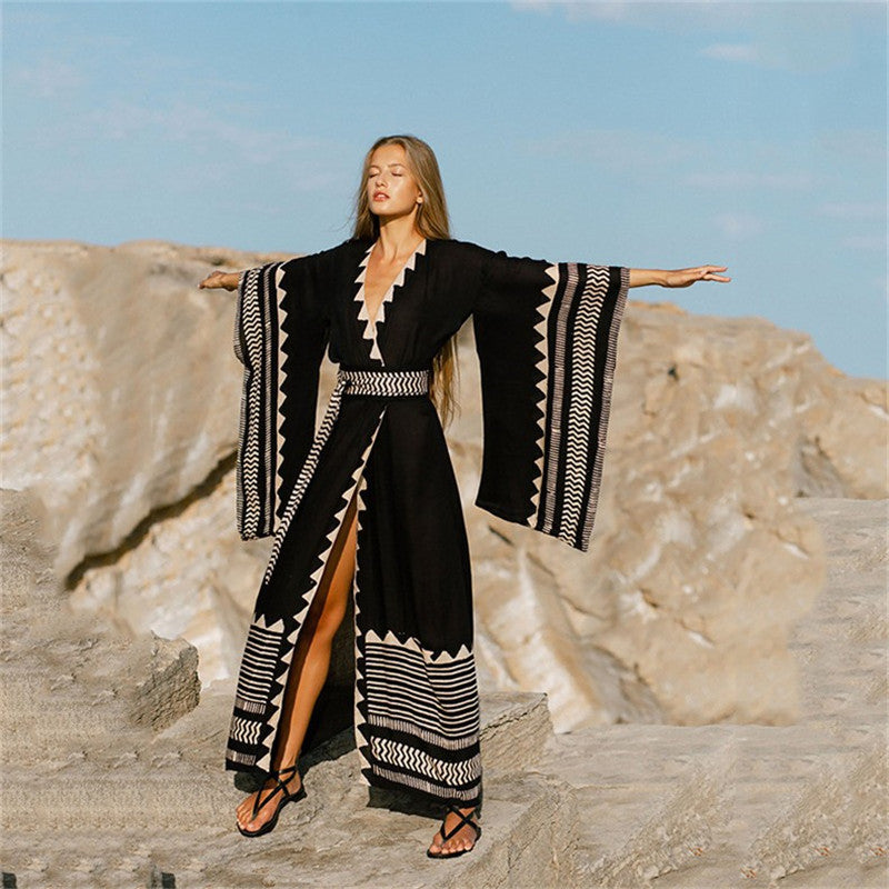 Polyester Printed Beach Cover-up Sexy Cardigan Loose plus Size Sun Protection Shirt Beach Cover Up