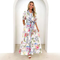 Women Clothes Cotton Linen Floral Print Lace up Short Sleeve Dress Women