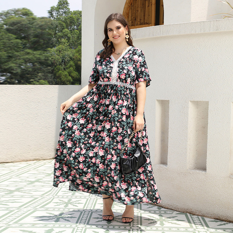 Plus Size V neck Printed Dress Lace Stitching Loose Floral Dress Beach Vacation Beach Dress
