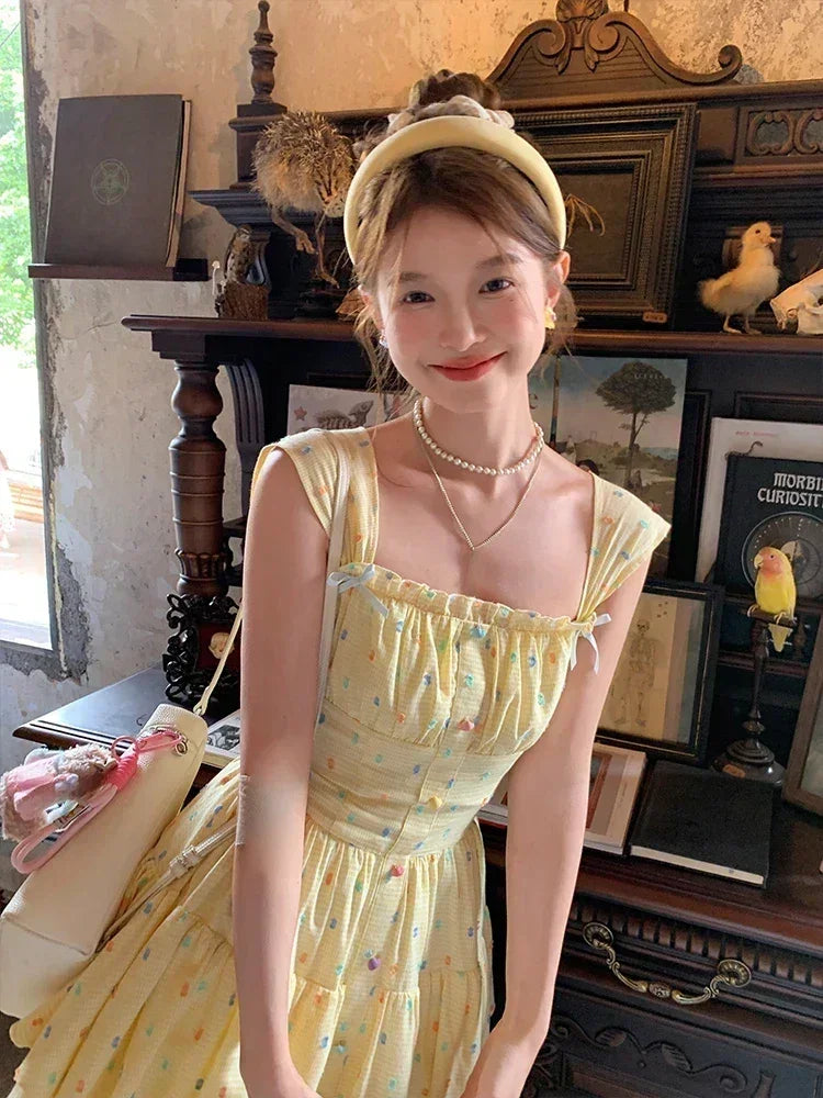 Lolita Kawaii Y2k Colorful Dot Print Dress Women Sweet Sleeveless Mini Dress Outwear One Piece Dress Korean Fashion Clothing