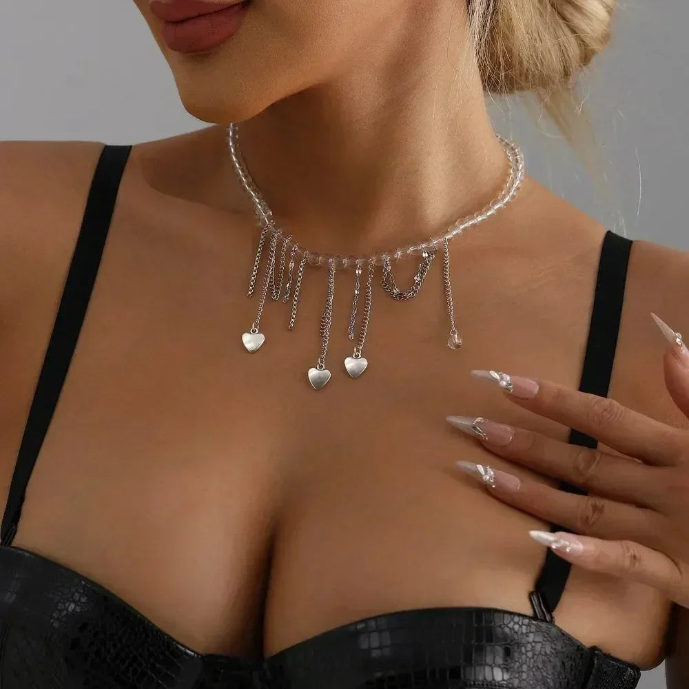 Fashion Heart Beaded Necklace for Women Boho Elegant Irregular Crystal Chain Y2K Choker Exquisite Party Gift Jewelry Accessories