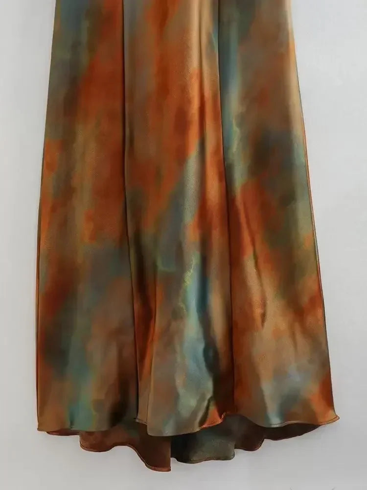 2025 Summer New Women's Open Back Sleeveless Dress Fashion Satin Mid Length Dress Printed Sexy V Neck Sling Dress