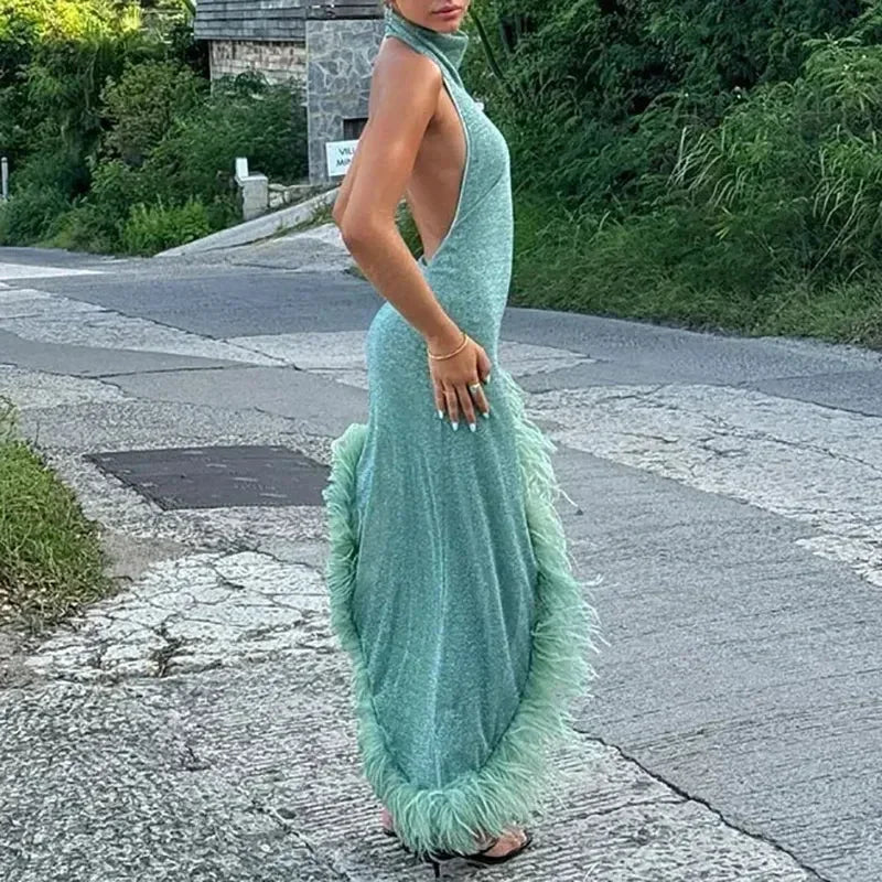 Sexy Sleeveless Hollow Irregular Long Dress Fashion Backless Slim Fit Party Dress Lady Elegant Feather Patchwork Suspender Dress