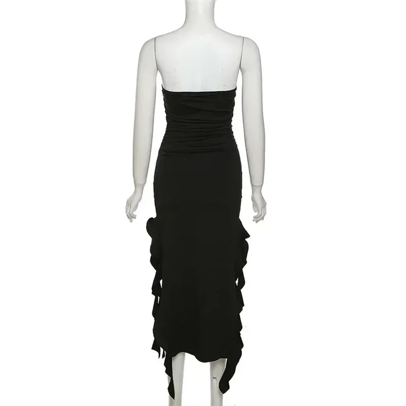 Cryptographic Irregular Ruffle Off Shoulder Sexy Backless Midi Dress for Women Elegant Birthday Vestido Summer Sundresses Ruched