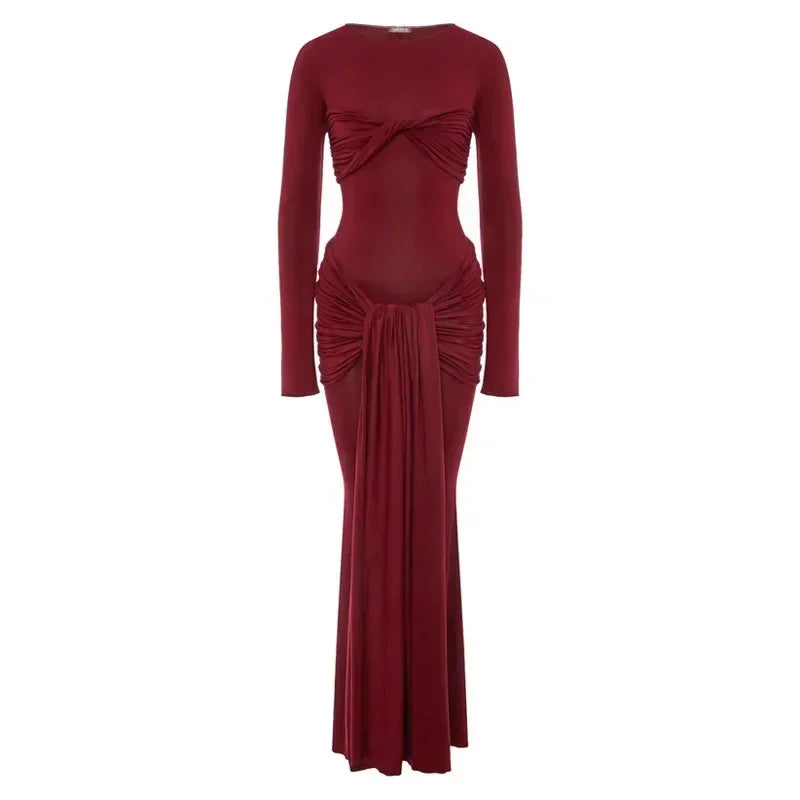 Tossy Female Pleated Sexy Maxi Dress Patchwork Twist Slim Long Sleeve Solid Y2k Autumn Streetwear Dress Women's Bodycon Dress