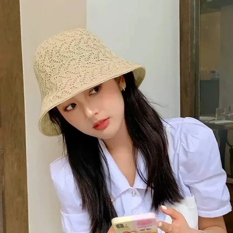 Outdoor Sunshade Hats Summer Breathable Hollow Knitted Korean Fashion Women Fisherman Hat Permeability Crochet Retro Bucket Hat