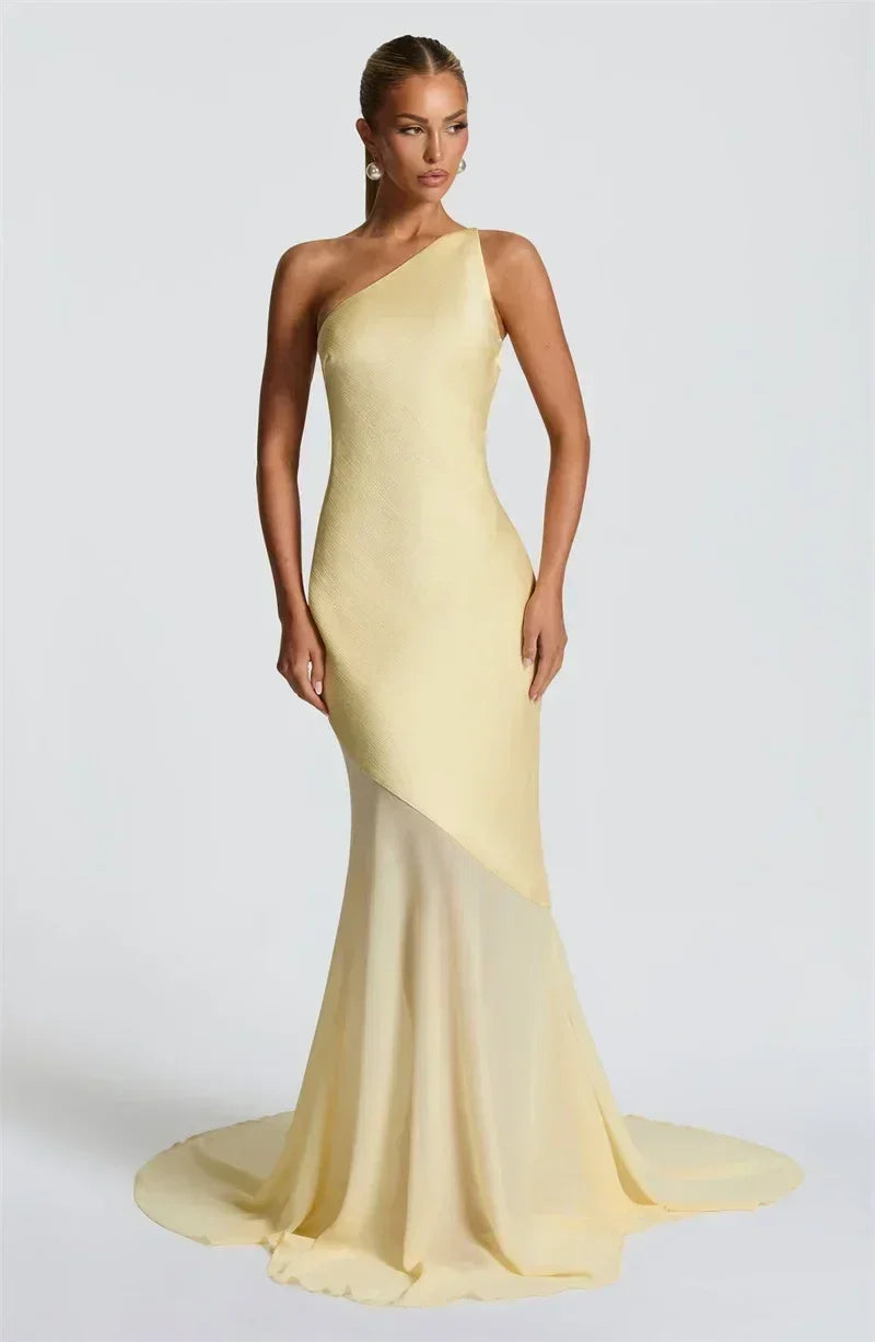 Mozision One Shoulder Backless Sexy Maxi Dress Women Gown Fashion Patchwork Sleeveless Bodycon Club Party Long Dress Elegant