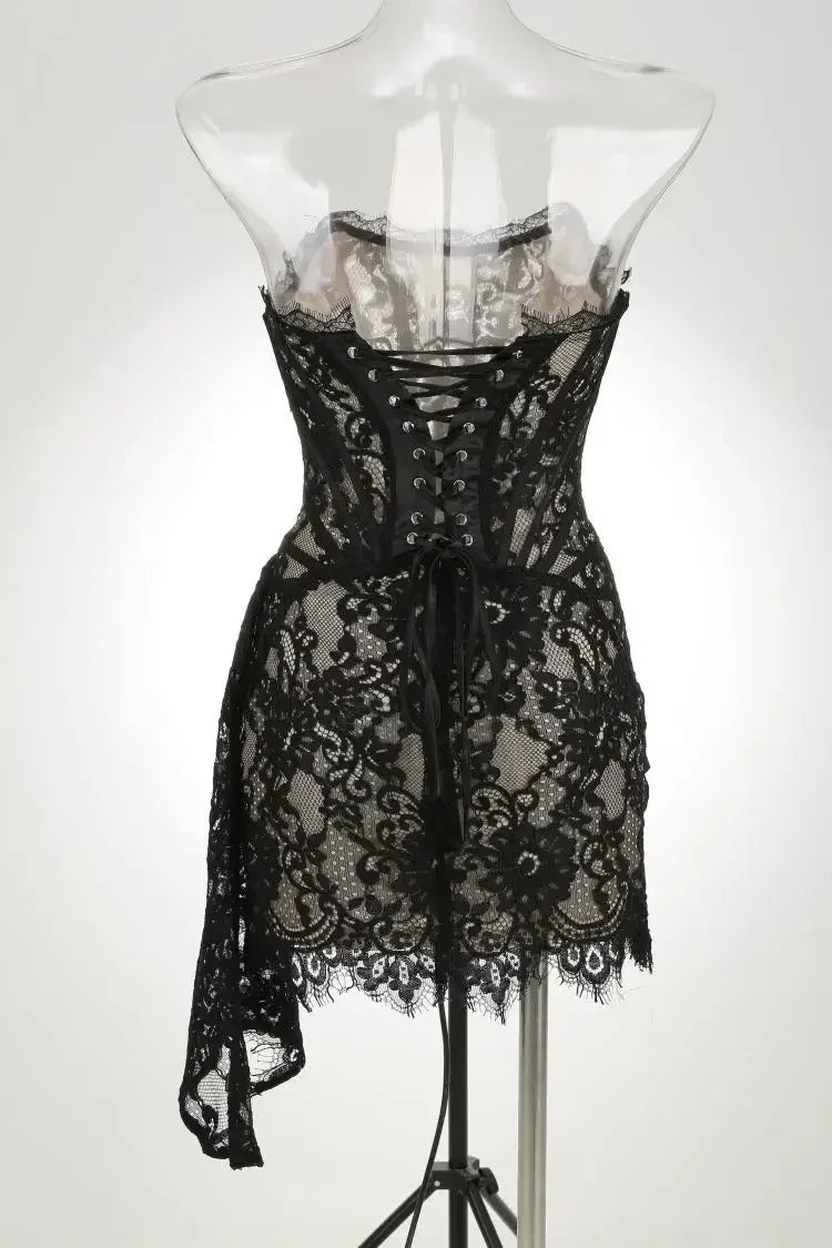 TARUXY Sexy Lace See-through Patchwork Corset Dress Female Bodycon Elegant Party MIrrgualr Mini Dress Women Tube Top Dress New