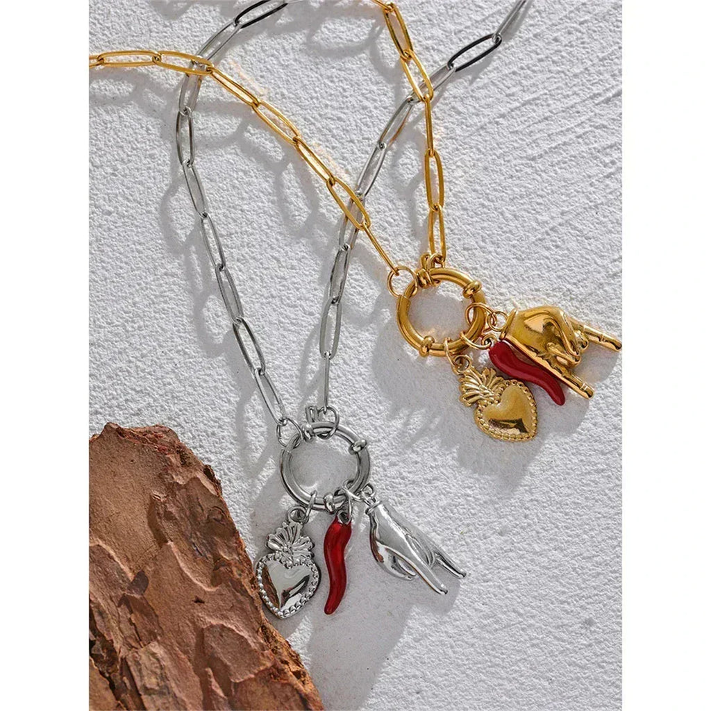 Classic Hot Selling Bull Horn Sacred Heart Detachable Pendant Necklace for Women's Horseshoe Rock Gesture Splicing Necklace