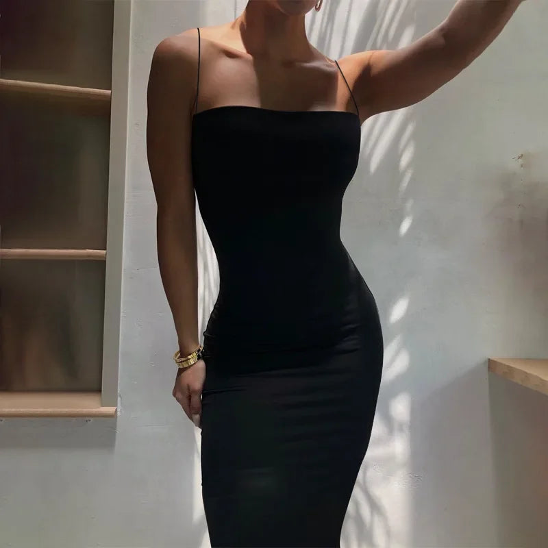 Black Backless Bodycon Maxi Dress | Gothic Spaghetti Strap Dress -femstylo