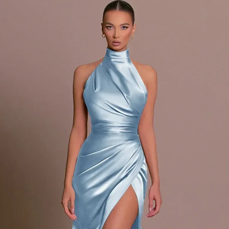 Ladies Summer Satin Evening Birthday Party Dresses Women Sleeveless Backless Halter Side Slit Elegant Long Dress Mowan Clothes